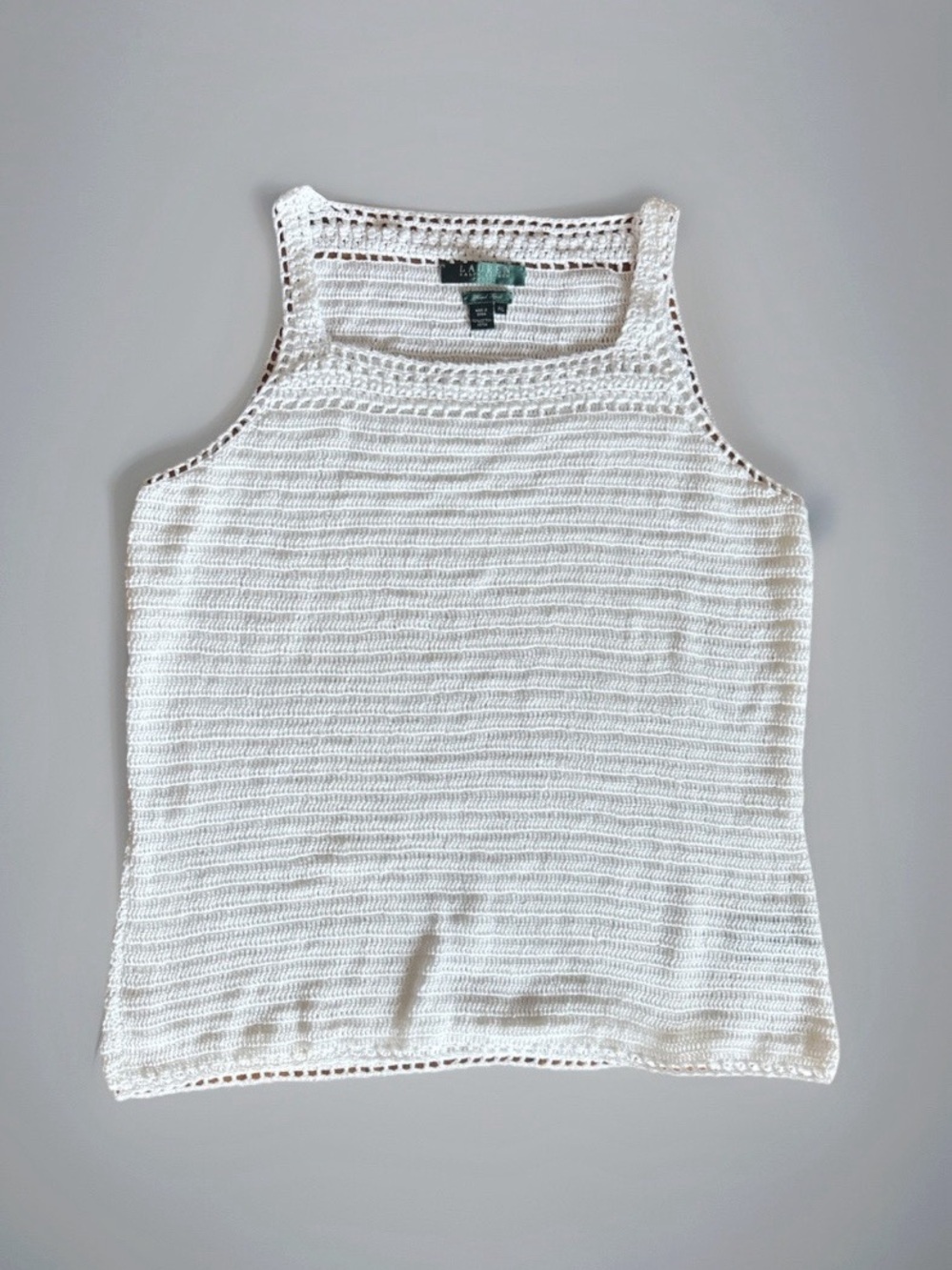 Lauren Ralph Lauren Womens Hand Knit Crochet-Trim White Tank Sz Petite Large